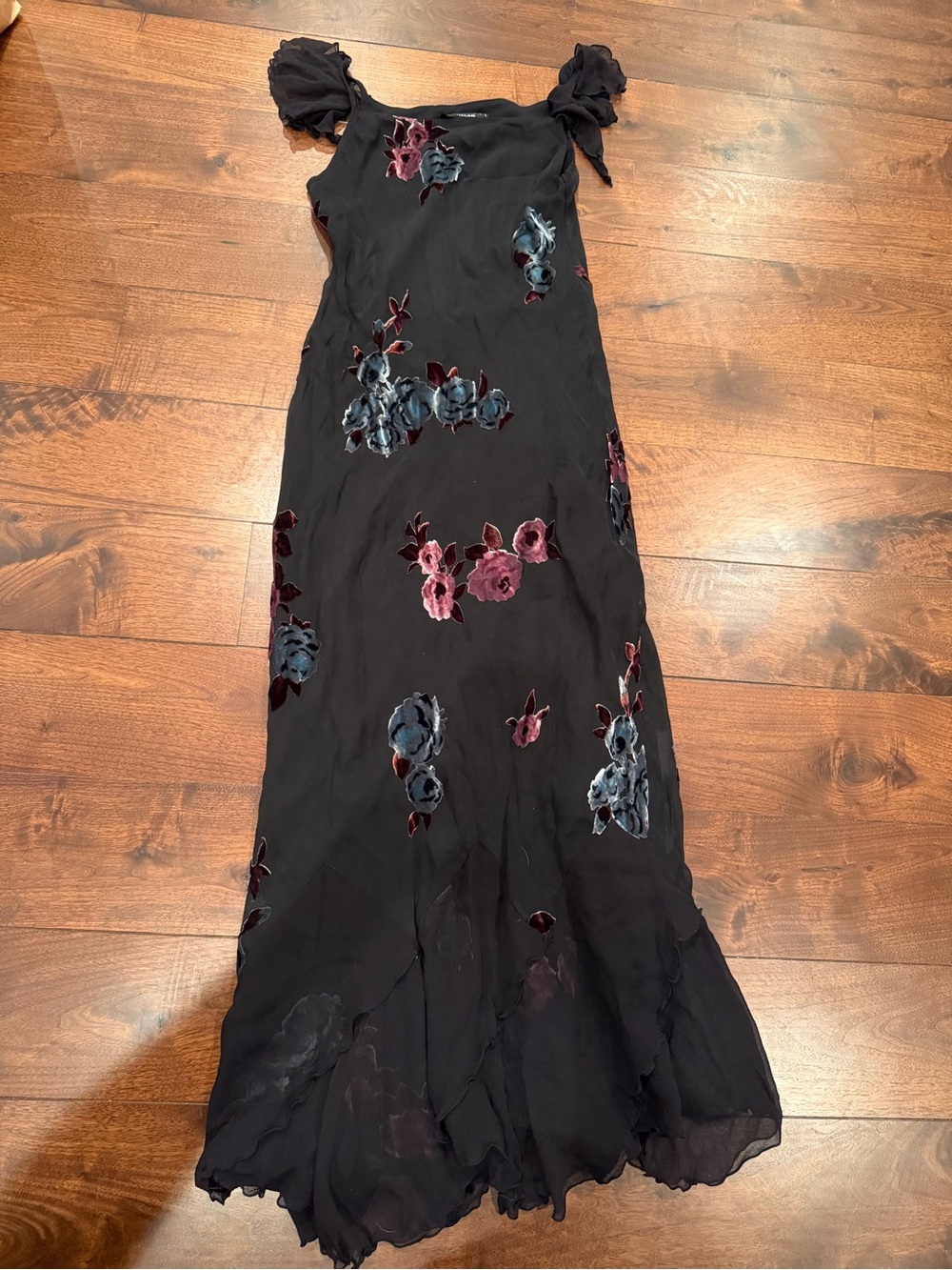 Vintage Biscotti Collezioni Black Floral Velvet Appliqué Maxi Dress